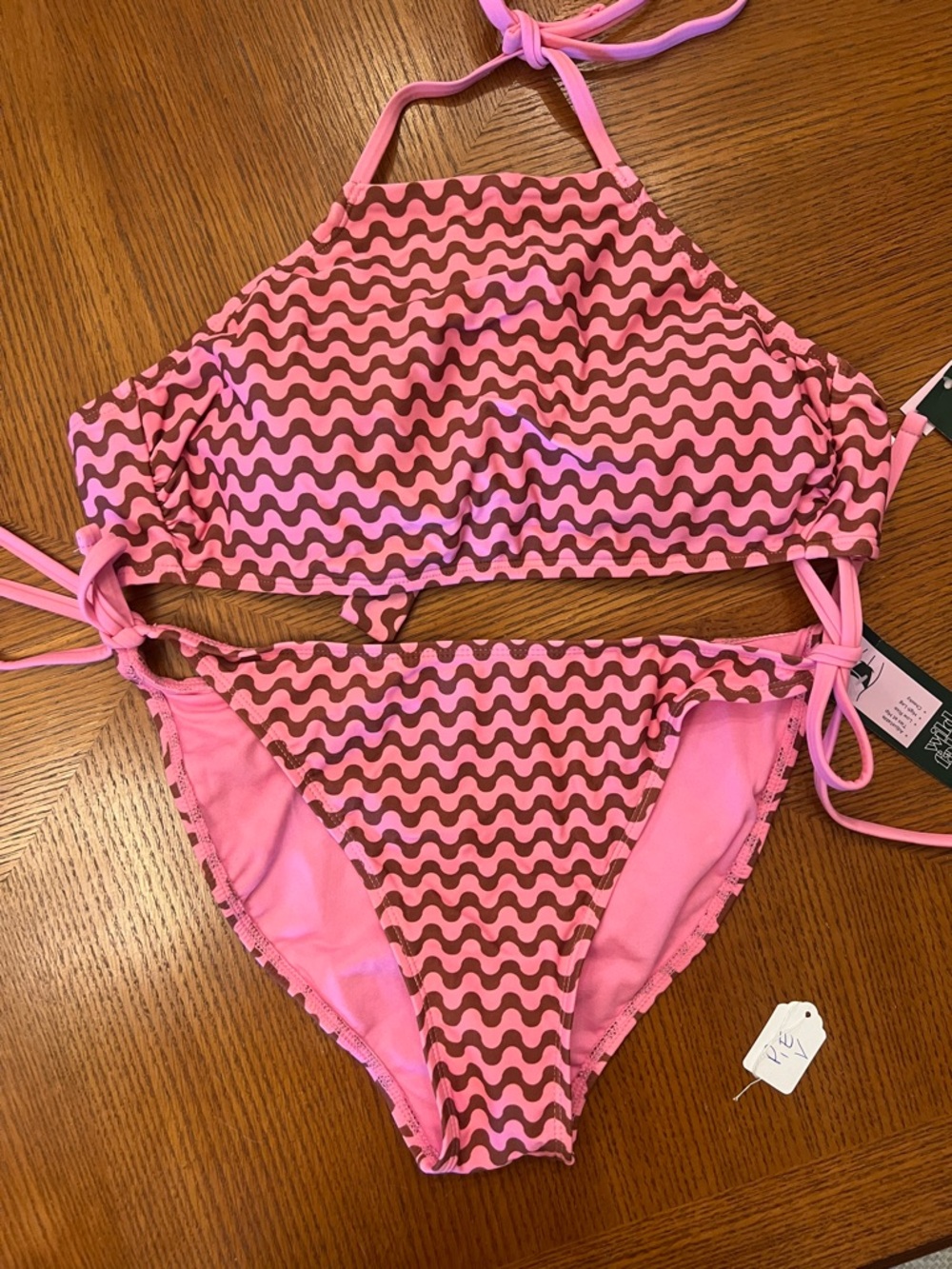 Wild Fable L/XL  Pink and Brown Wavy-Print Girls' Two-Piece Swim Set B18